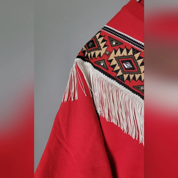 Red Sweatshirt with Fringe M Tassel Western Boho Handmade - Picture 3 of 5